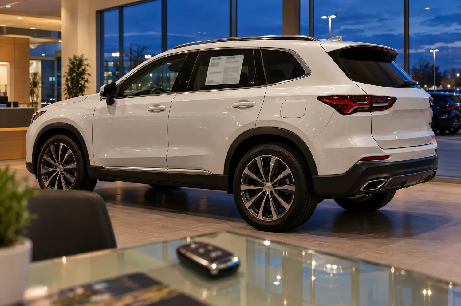 A new SUV with its window sticker in a showroom